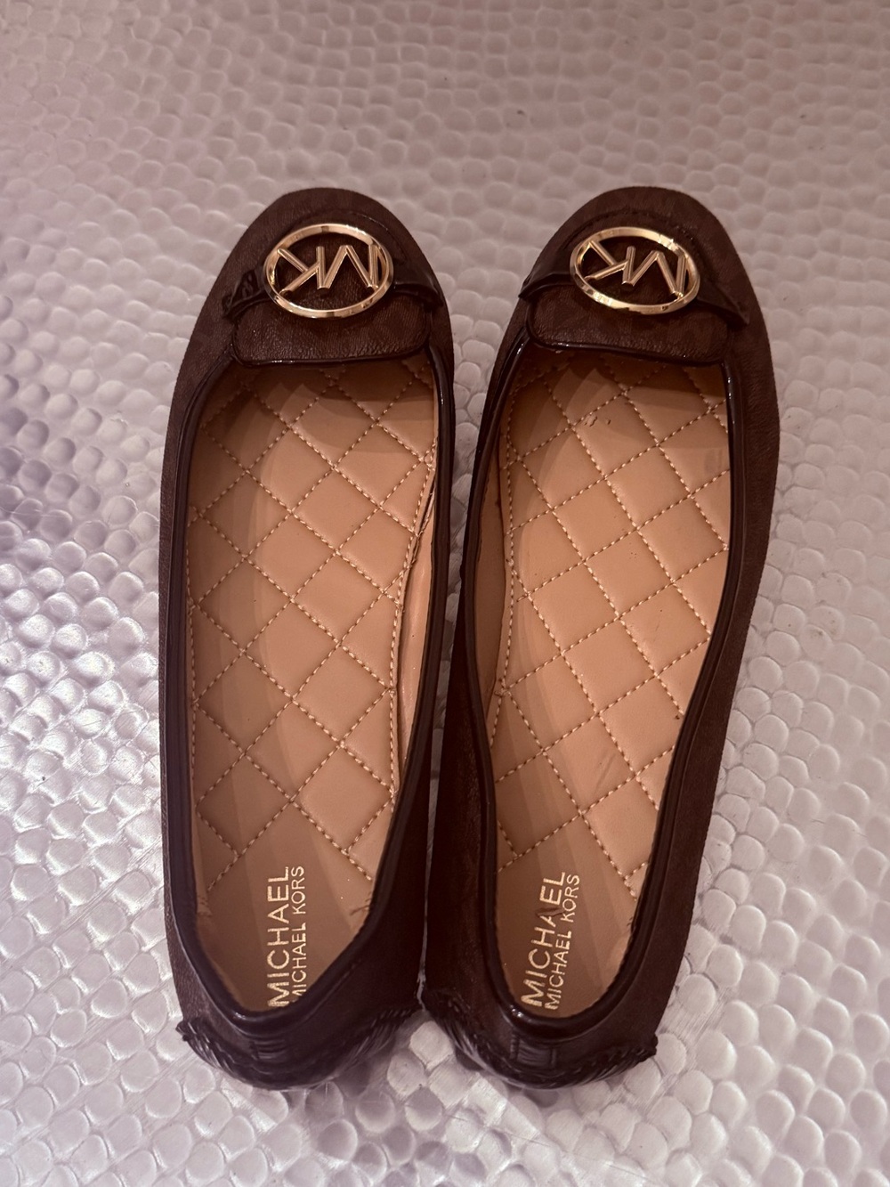 Michael Kors Brown Quilted Logo Ballet Flats with Gold MK Emblem - Picture 2 of 6